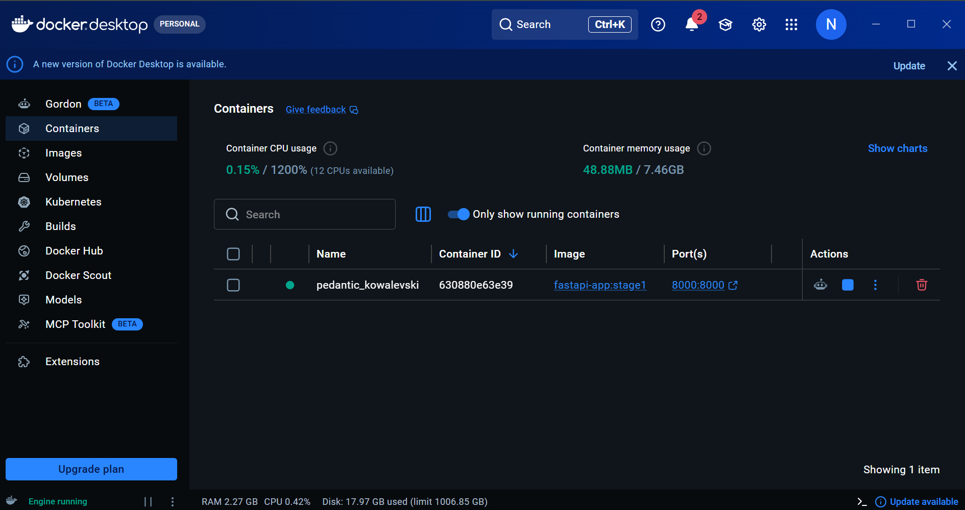 FastAPI container running locally on Docker Desktop