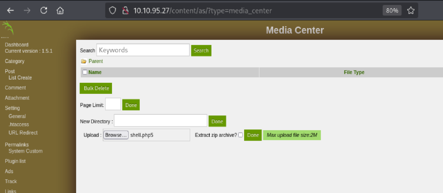 Uploading Reverse Shell to Media Center